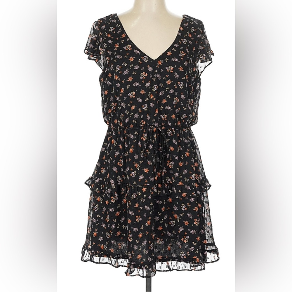 Black Ruffle Short Sleeve Dainty Floral‎ Mini Dress Boutique Women's Size Medium